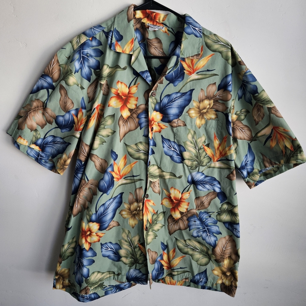 Vintage Paradise Style Hawaii Men's Size Large Green Floral Aloha Hawaiian Shirt